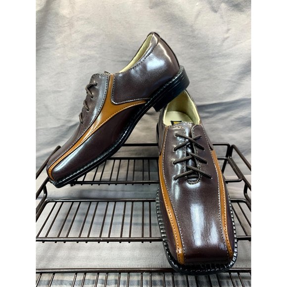 New Stacy Adams Shoes Boys Youth Two Tone Brown Lace Up Oxford Dress Leather Sz - Picture 2 of 10